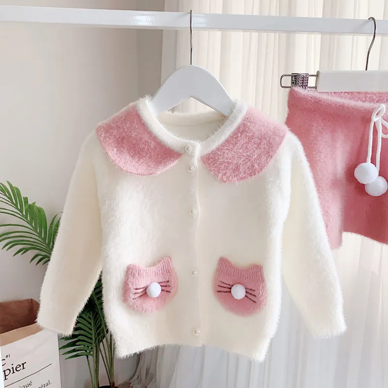 Flickor Set Höst Vintertröja Kid kläder Koreanska Kanin Ear Knitwear Pocket Doll Collar Top + Kjol Baby 210515