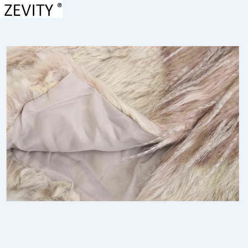 Zevity Women Fashion Ärmlös Färg Matchande Faux Fur Patchwork Vest Jacka Dam Casual Waistcoat Chic Outwear Toppar CT743 211123