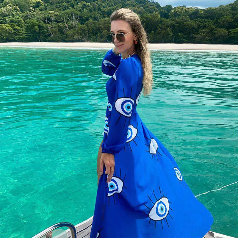 Super Quality Comfortable Fabric Wrinkle-free Blue Eyes Chiffon Tunic Sexy Beach Dress Women Wear Swim Suit Cover Up D3 210714