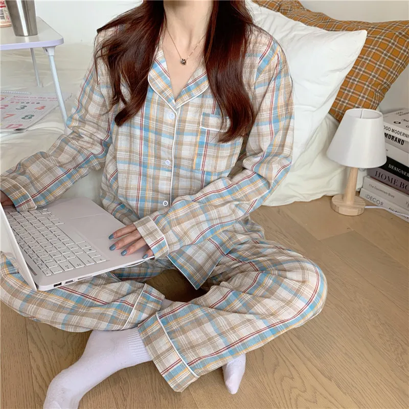 Sweet Sleepwear Warm Cute Plaid Gentle Two-Piece Outwear Suits Ställer Chic Women Soft Loose Pyjamas Hemkläder 210525