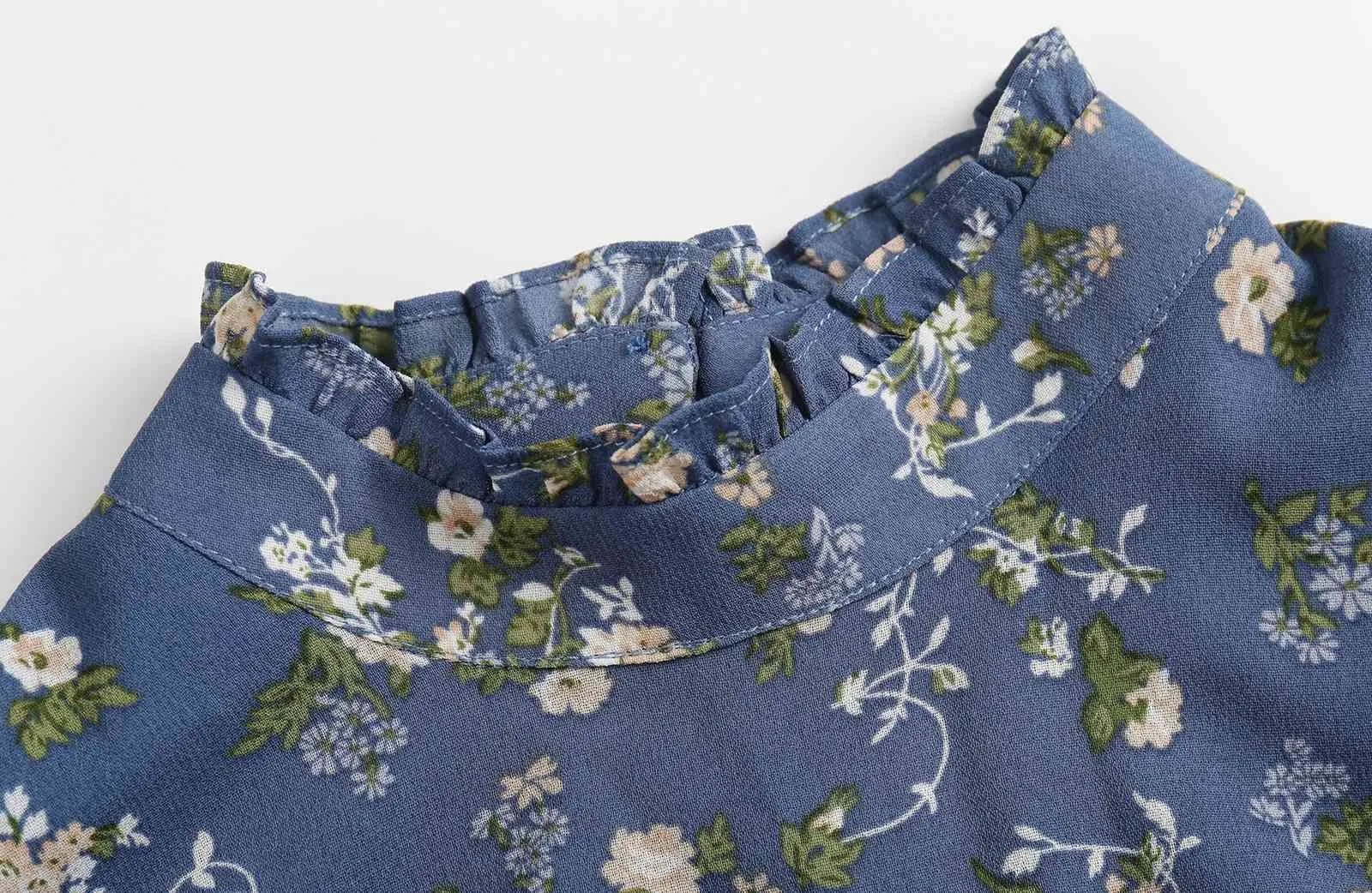 Kvinnor Boho Blue Flower Print Shirt Klänning Sexiga Dam Ruffles Krage Långärmad Lös Rak Mini Korta Klänningar 210429