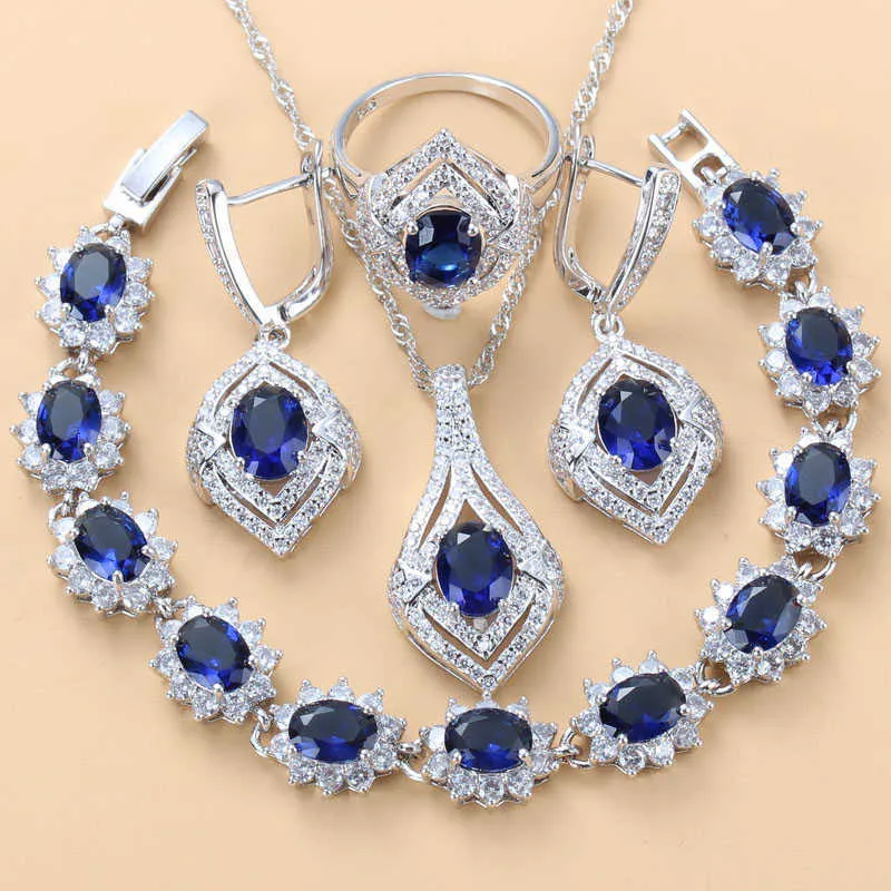 Aaa + naturlig blu zircon silver färg brud bröllop smycken uppsättningar för kvinnor armband längd 18 + 3 cm ringstorlek 6/7/8/9/10 h1022