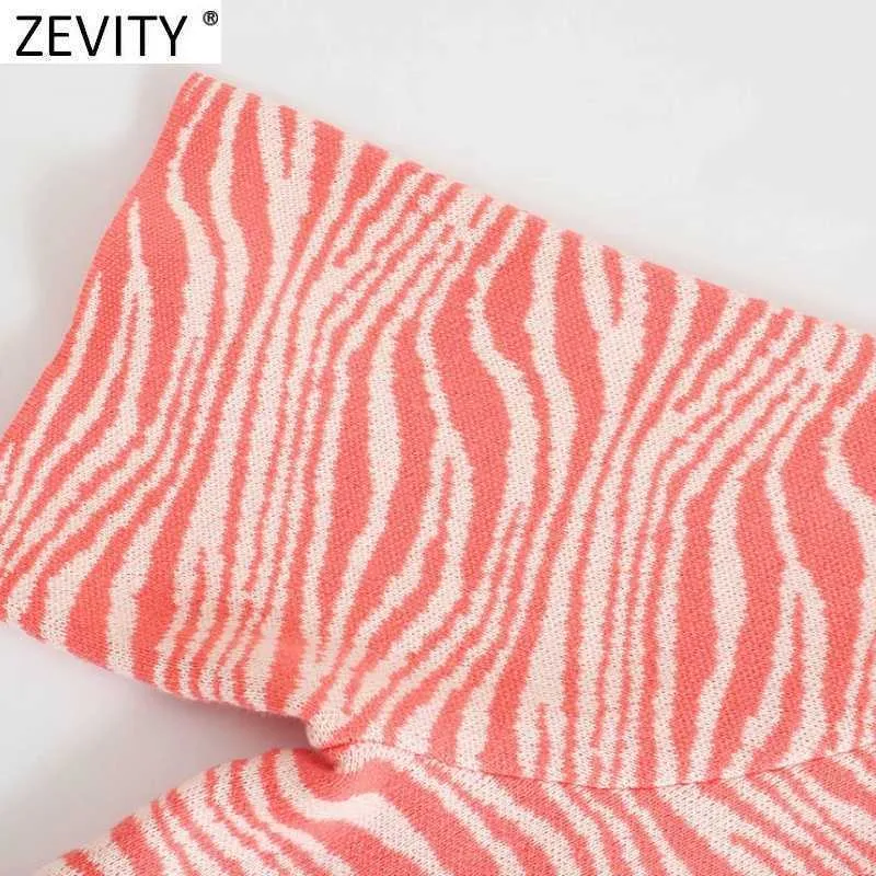 Zevity Women Animal Striped Print Short Jacquard Shirt Office Lady Pocket Bröstblomma Chic Sommar Retro Crop Tops LS9308 210603