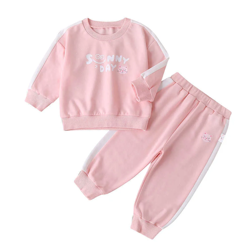 Hiver Enfants Ensembles Casual Manches Longues O Cou Imprimer Lettre T-shirt Rose Pantalon Mignon Filles Vêtements 2-6 T 210629