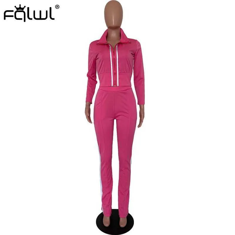 FQLWL 캐주얼 2 투피스 세트 여성 섹시한 핑크 의상 자르기 탑 쌓인 바지 레깅스 여성 매칭 세트 숙녀 Tracksuit 여성 Y0625