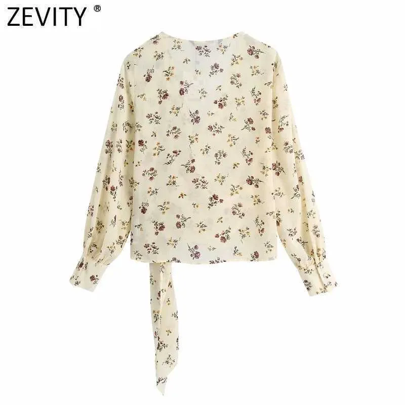 Zevity Frauen Elegante Kreuz V-ausschnitt Blumendruck Chiffon Smock Bluse Weibliche Saum Schleife Gebunden Kimono Shirt Chic Blusas Tops LS9191 210603