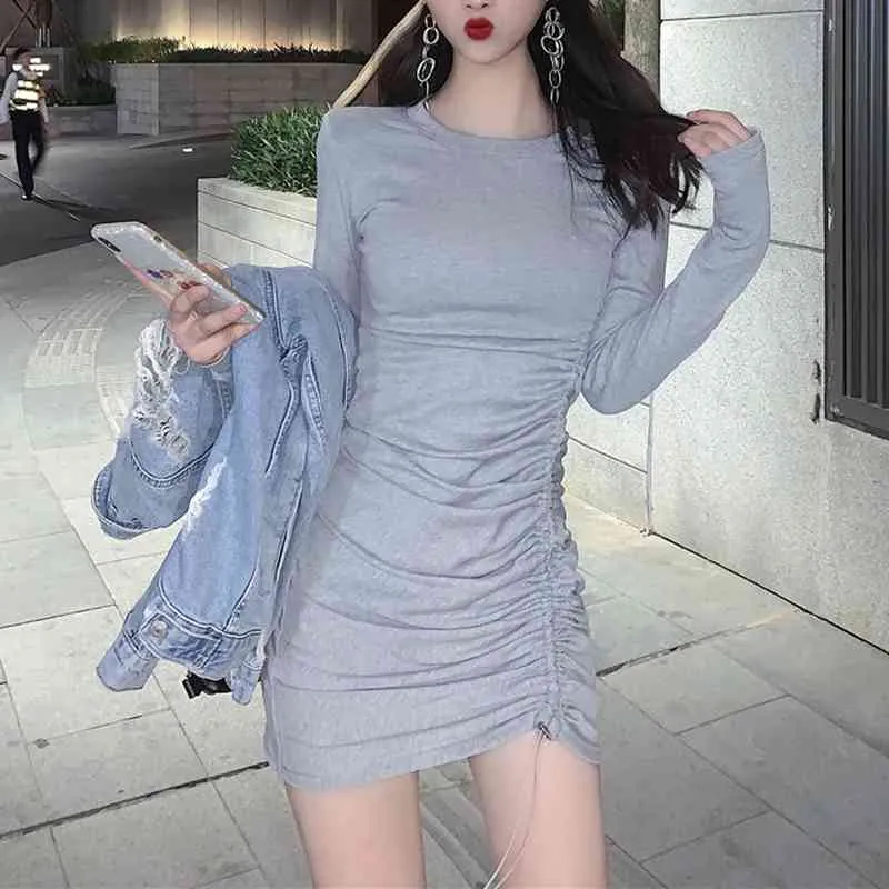 Kimutomo Spring Dresses Women Hong Kong Style O-neck Long Sleeve Drawstring Slim Waist Mini Vestidos Elegant Korea Chic 210521