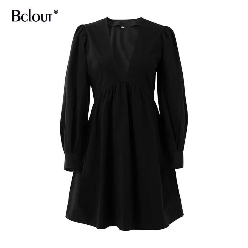 Bclout Casual Mini Fit and Flare Dress Women Puff Sleeve V Neck Black Party Dresses White Buttons Long Sleeve Autumn Vestido 210709