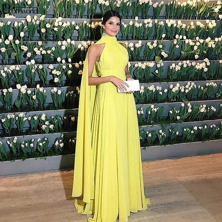 Dubai Formal Dress Kobiety Elegancki szyfonowy Ruched High Neck Cape Yellow Evening Sukienka 2021 Vestido Longo Festa 278z