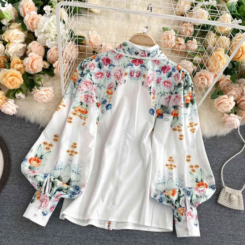 Blusa de primavera y otoño para mujer, blusa coreana con mangas acampanadas y flores, blusa holgada de manga larga a la moda para mujer UK113 210506
