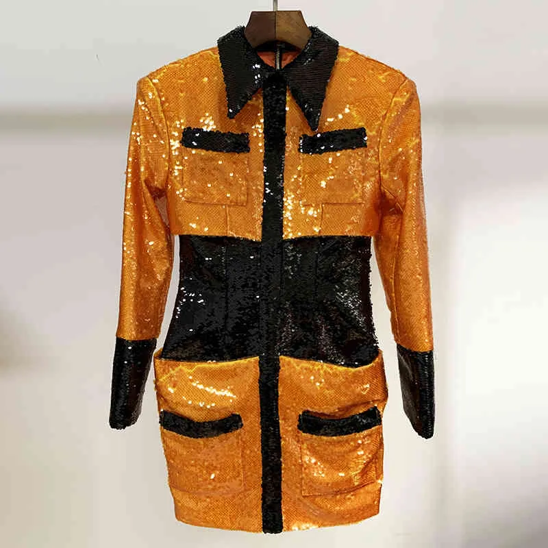 High Street Dernière robe de créateur Bloc de couleur pour femmes Taille smockée Bling Paillettes 210521