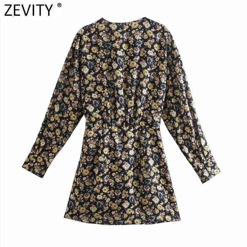 Zevity Women Vintage V Neck Flower Pirnt Bowknot Pantskirt Style Dress Female Long Sleeve Slim Vestido Chic Lady Clothing DS4905 210603