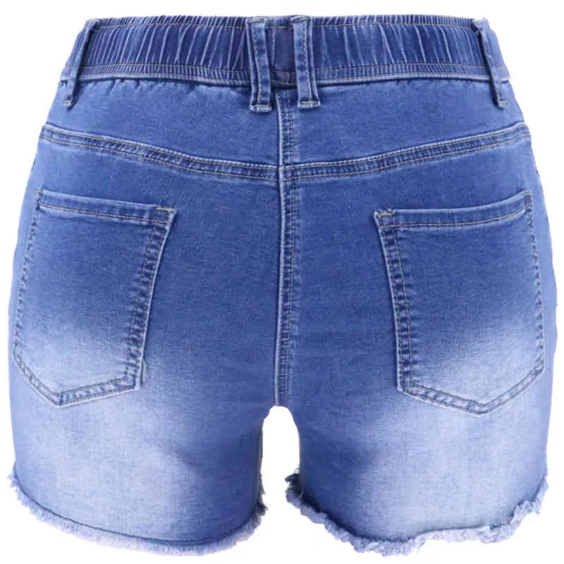 2XL Plus Taille Femmes Denim Shorts Femme Sexy Y2K Élastique Cordon Taille Bleu Recadré Ripped Burr Jeans Trou Printemps 210517