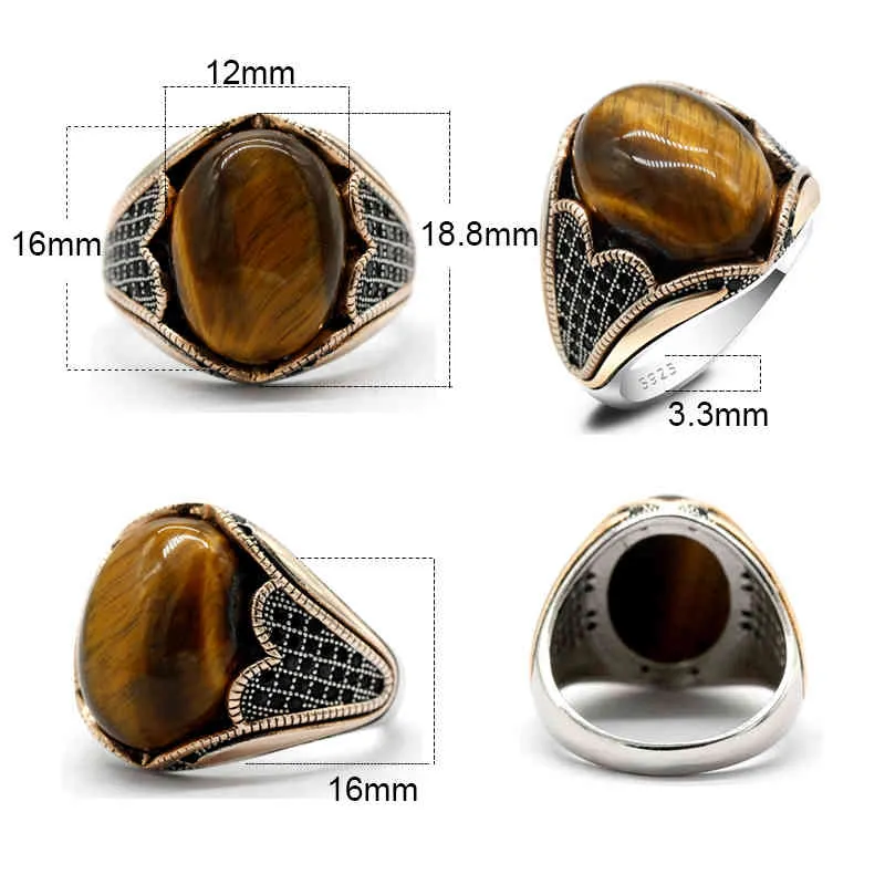 Vintage Men's with Tiger Eyes Stone 925 Sterling Silver Natural Original Gemstone Ring Gorgeous Women Turkey Jewelry Gift