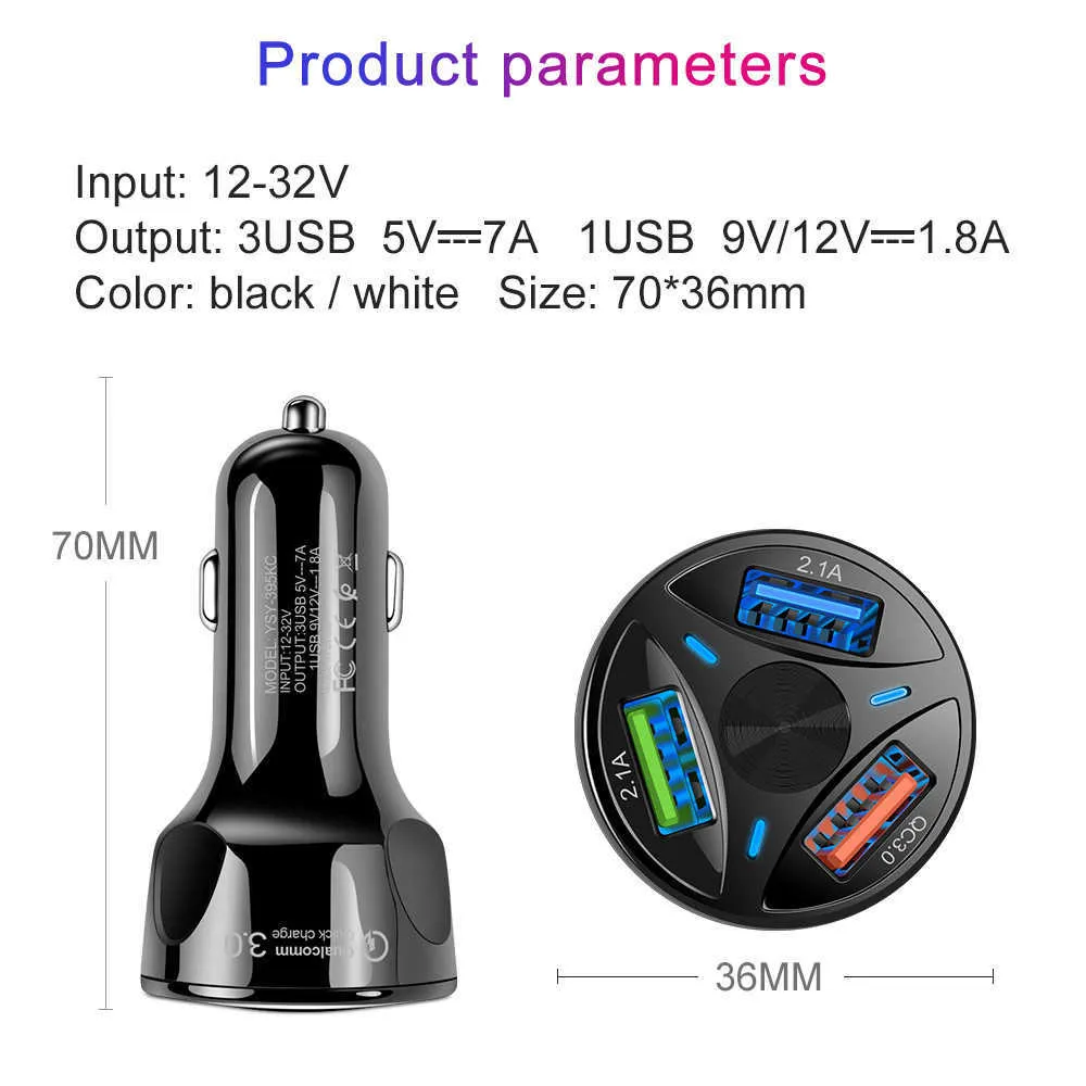 Autolader USB Snelle lading QC3.0 Ports Sigarettenaansteker Adapter voor iPhone Samsung Huawei Xiaomi QC Telefoon Opladen