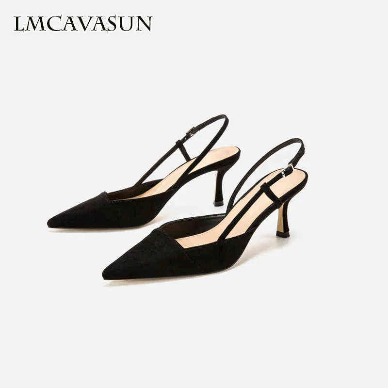 Dress Shoes LMCAVASUN Women's sandals Spring faux suede women dress shoes thin heel slip on women slingbacks 220315