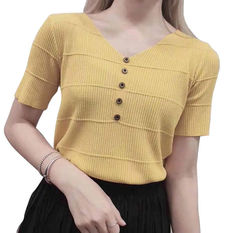 Women T-Shirt Summer Short Sleeve Button V-Neck Casual Pullover Solid Color Tops Female Fashion Clothing 210522