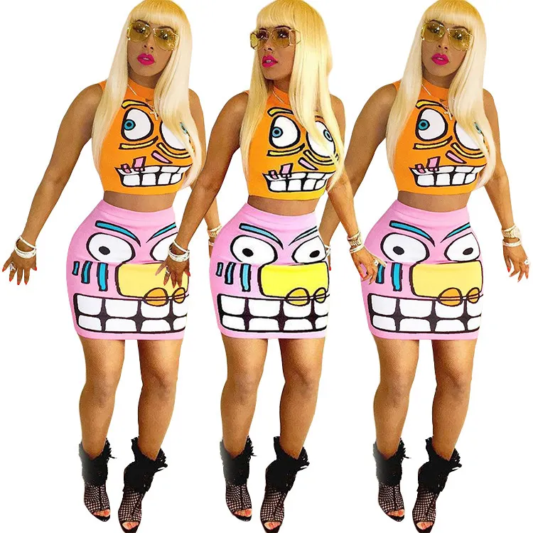 Nettes Mädchen 2 Stück Outfits Frauen Sets Kleidung Trendy Chic Cartoon Gedruckt Pullover Tank Crop Tops Bodycon Mini Röcke Party Kleid 210525