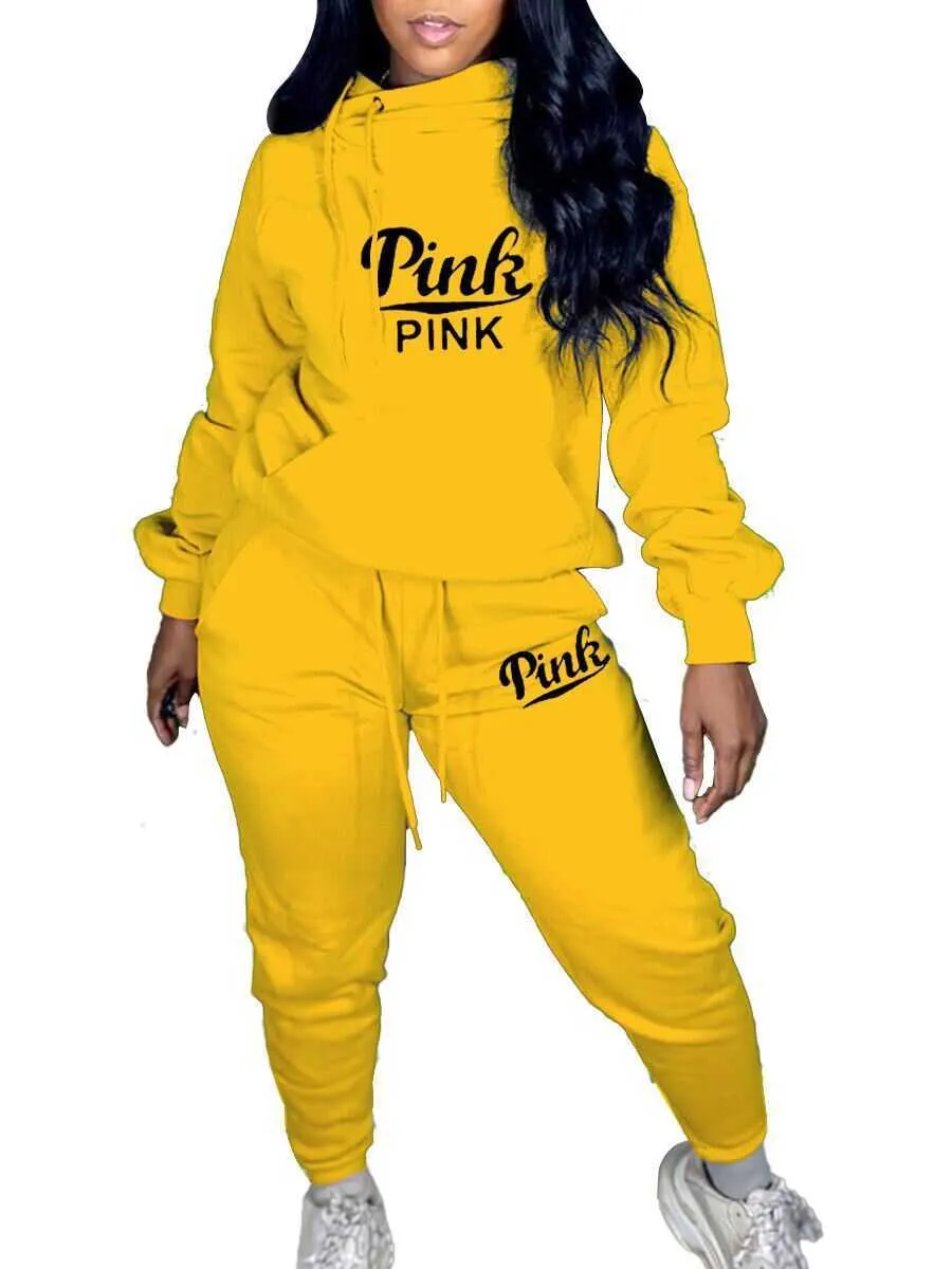 Pullover Sweatshirt Top + Baggy Joggers Pants Loose BF Style Pink Two Piece Outfits For Womens Tracksuit Set 210525