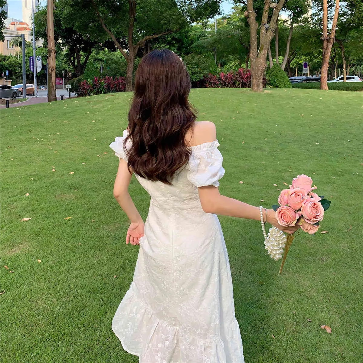 Летнее белое элегантное миди -платье Женщины с коротким рукавом vingate цветочное платье женское вечернее вечеринка базовое платье корейское 2105215652285