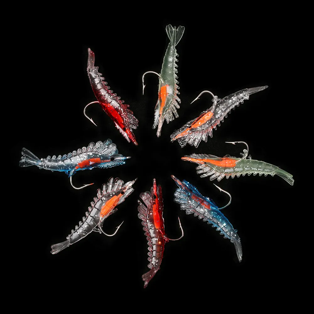 4 pièces lumineux doux crevettes Simulation leurre de pêche appâts de crevettes truite artificielle odeur de poisson crochet unique gabarit de matériel