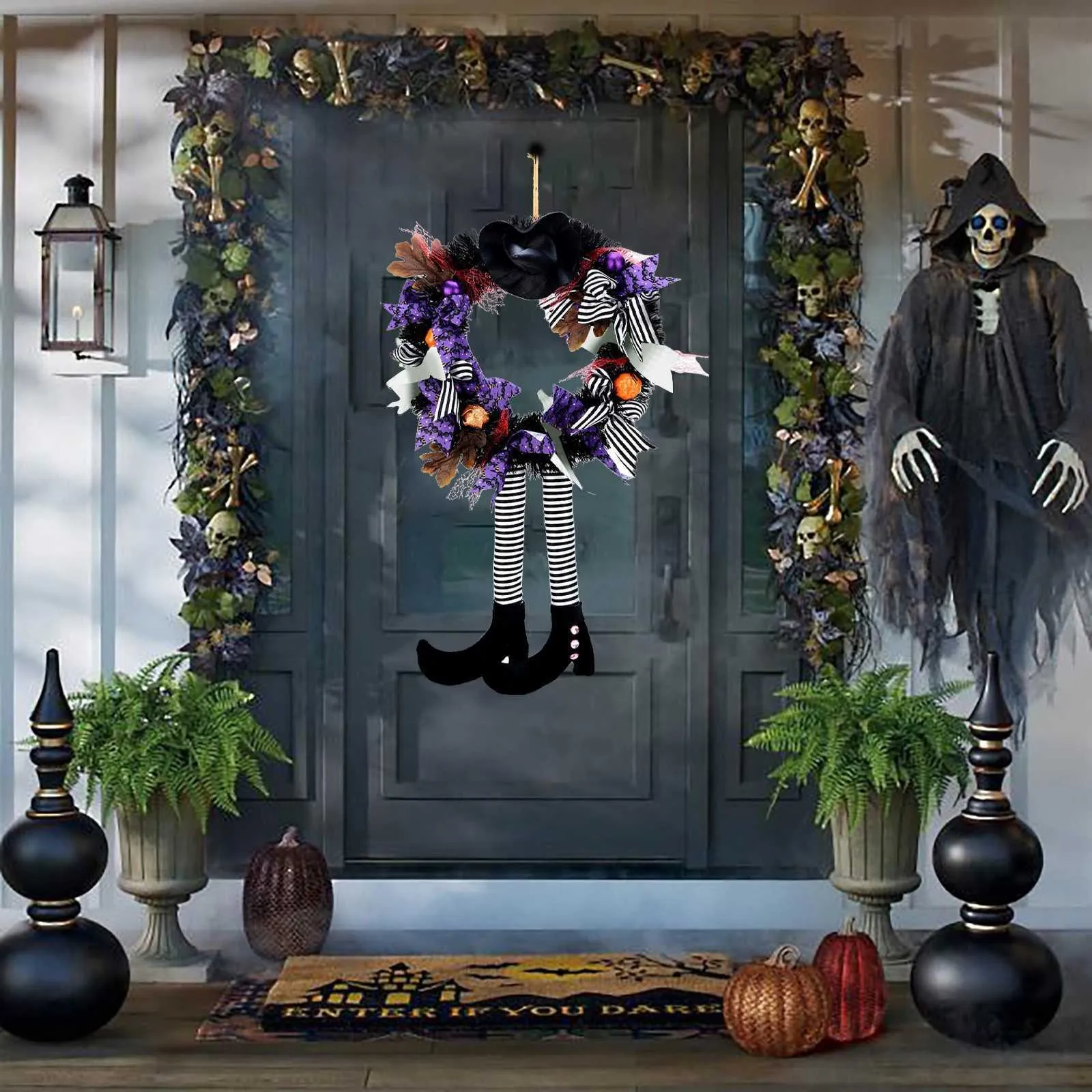 Хэллоуин Дверь Дверь Ветка Украшение Хэллоуин Шляпа Шляпа Нога тыква дверной венок счастливые вечеринка на Хэллоуин.