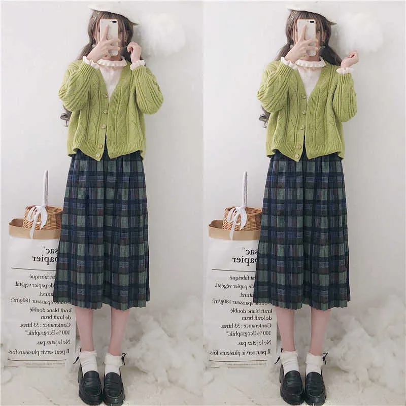 Japanischer Stil Kawaii Hohe Taille Faltenrock Frauen Winter Wolle Midi Plaid Rock Weibliche Harajuku Grüne Schule Langer Rock 210619