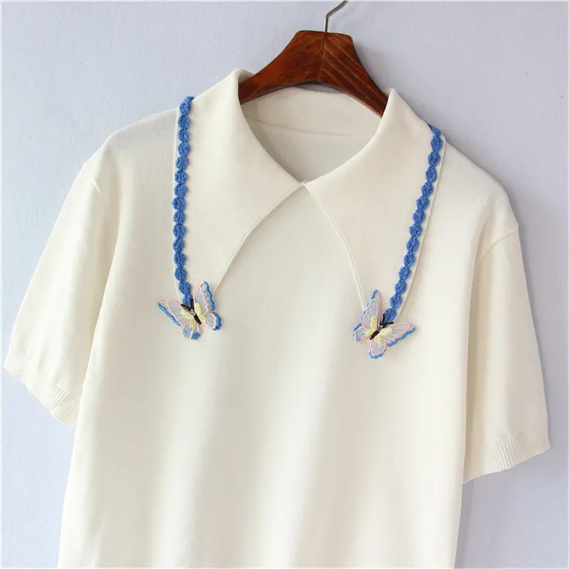 Mode coréenne pull à revers à manches courtes lâche et mince T-shirt en soie de glace haut d'été vêtements pour femmes 210520