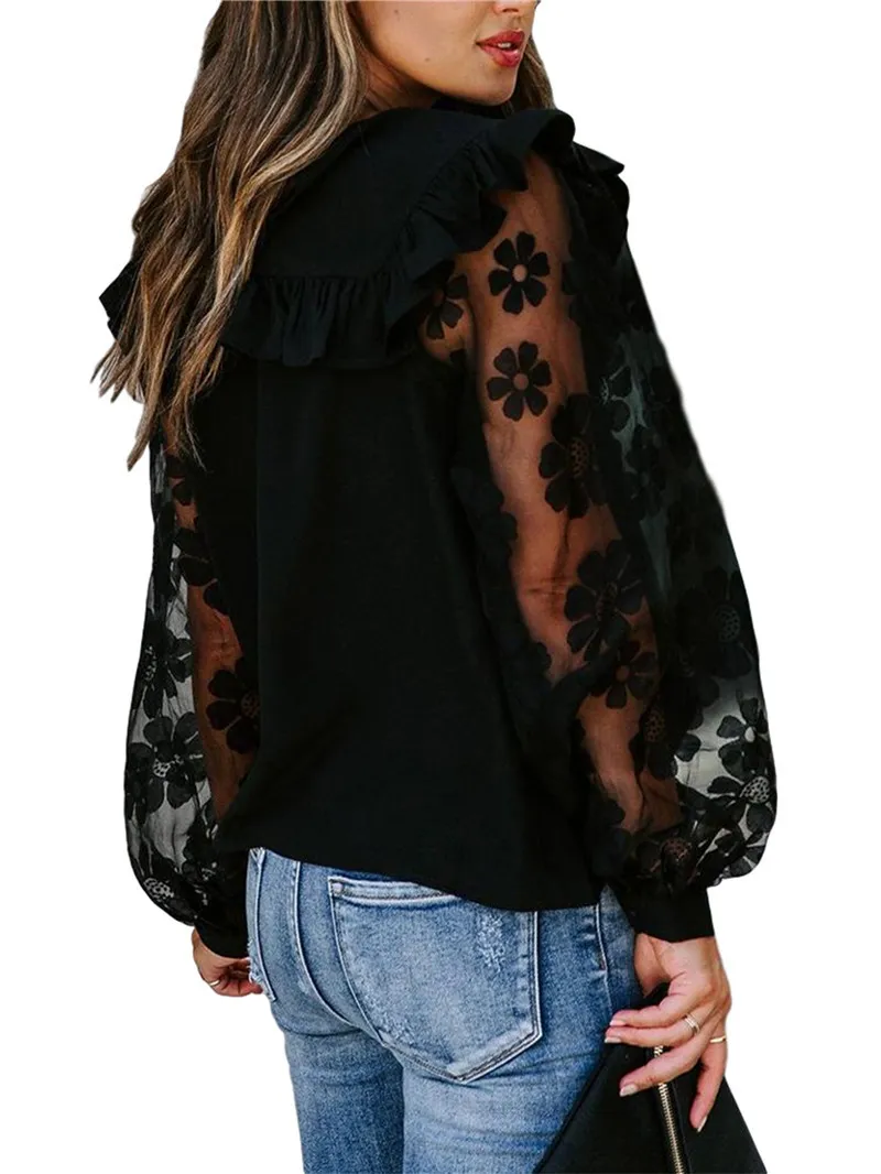 CHRONSTYLEShirt Fashion Women Black Mesh Sheer Transparent Patchwork Long Sleeve Blouse Stylish Chic OL Basic Tops Floral Shirt X0521