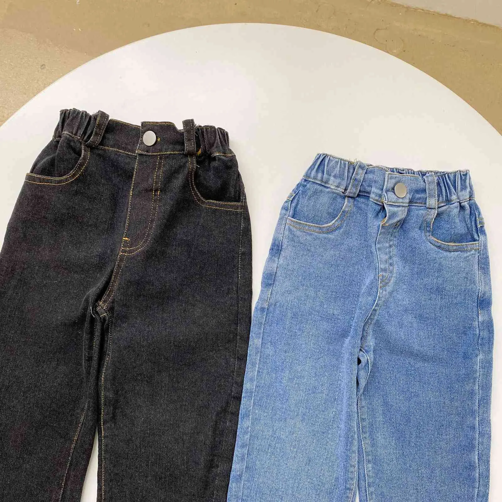 Jesień Unisex Casual Elastyczne Spodnie Denim Chłopcy i Dziewczyny Bawełniane Proste 2 Kolory Dżinsy 210708