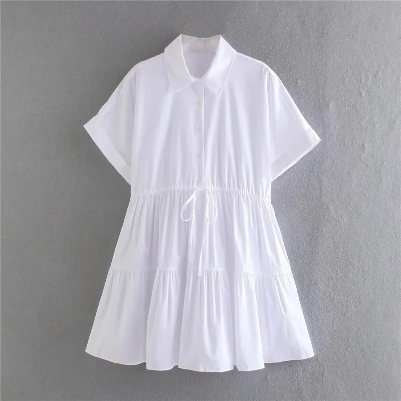Arco branco vestidos curtos mulheres de manga casual mulher verão solto ajustável cintura plissado mini 210519