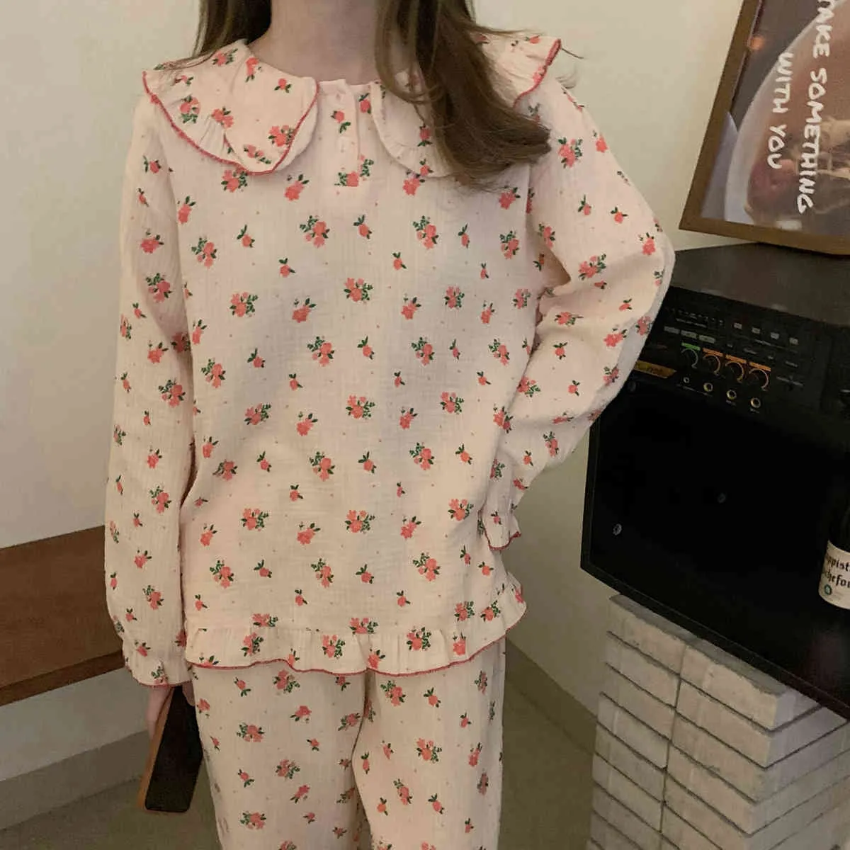 Soft Princess Stampato Ragazze Sleepwear Cute All Match Homewear Cotton Florals Donna Pigiama dolce allentato Set 210525