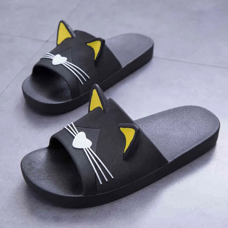 Women Summer Slippers Beach Slide Sandals Cartoon Cats Flip Flops Soft Sole Comfortable Men Couple Ladies Bathe Shoes Zapatillas Y0427