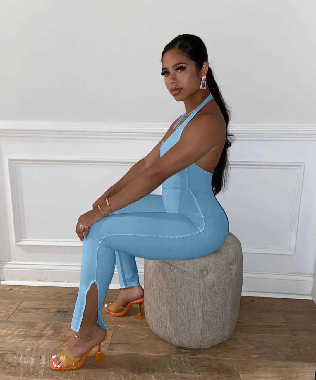 Sky Blue Women Jumpsuits Outfits Summer Product Sleeveless High Waist Skinny Sexy Rompers Overalls 210525