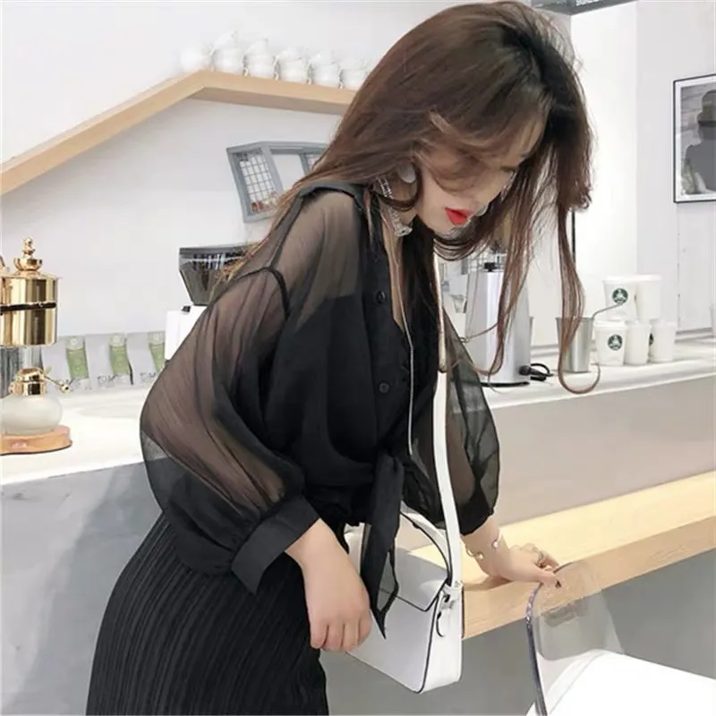 Chemises coréennes en mousseline de soie femmes été demi-manches chemise boutonnée longue blouse taille nouée blouses élégantes 9494 210506
