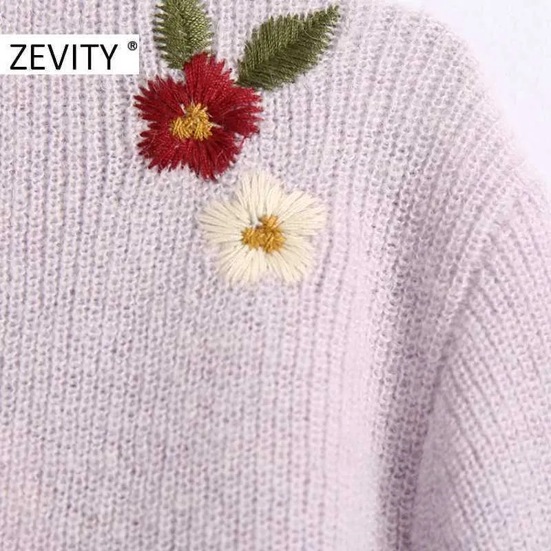 Zevity Women Fashion V Neck Flower Broderi Cardigan Knitting Sweater Långärmad Casual Tröjor Chic Tops S402 210914