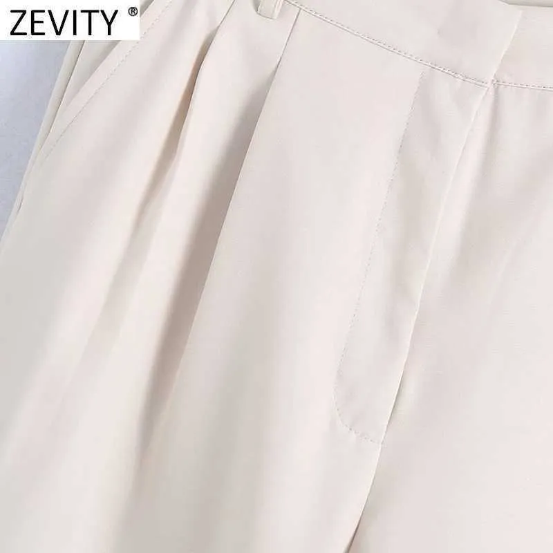 ZEVITY Kadınlar Moda Katı Renk Plise Tasarım Cep Düz Pantolon Retro Kadın Chic Fermuar Fly Rahat Uzun Pantolon P1106 210603