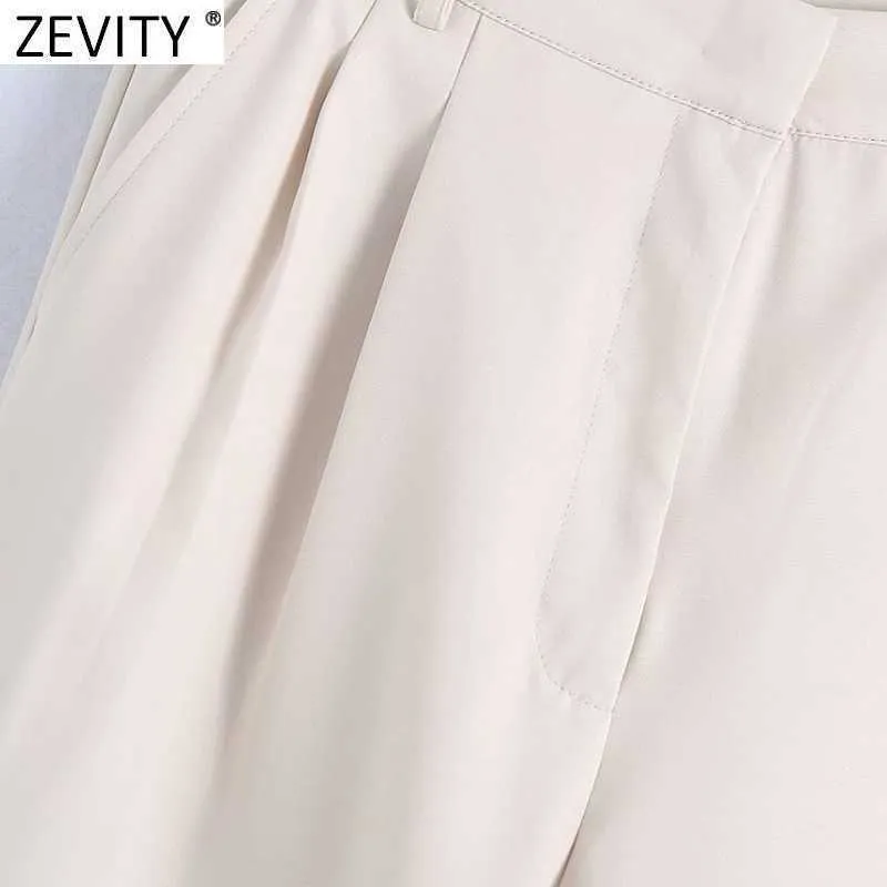 Zevity Women Fashion Solid Färg Pleat Design Ficka Rak Byxor Retro Kvinna Chic Zipper Fly Casual Long Byxor P1106 210603