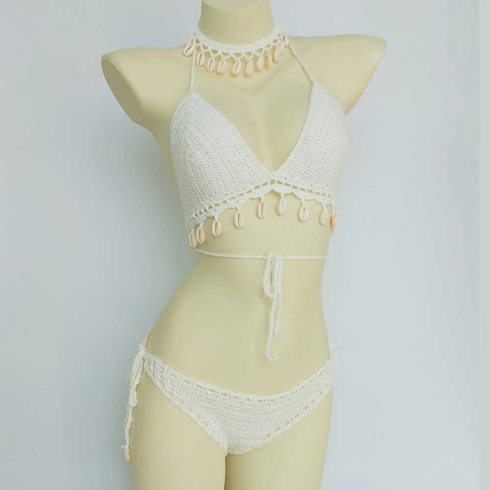 Bikini Set Femme Crochet Shell Gland Top et Seashell Cheville Chaîne Sexy String Creux-Out Taille Basse Bas 210621