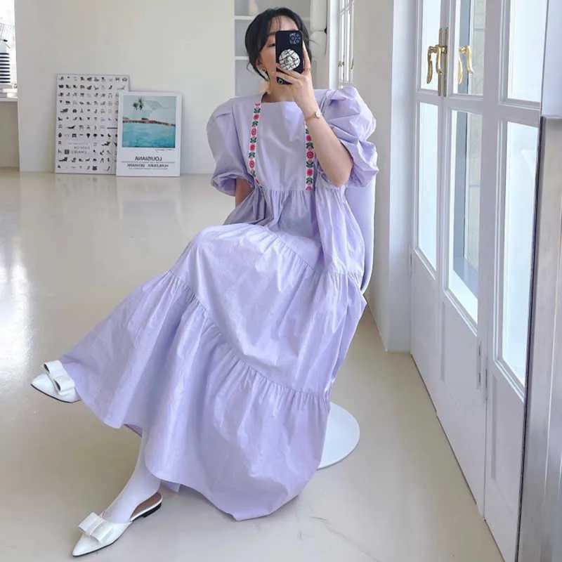 Korejpaa Women Dress Korean Chic Summer Casual Square Collar Small Flower Stitching Loose Pleated Dress Long Vestido 210526