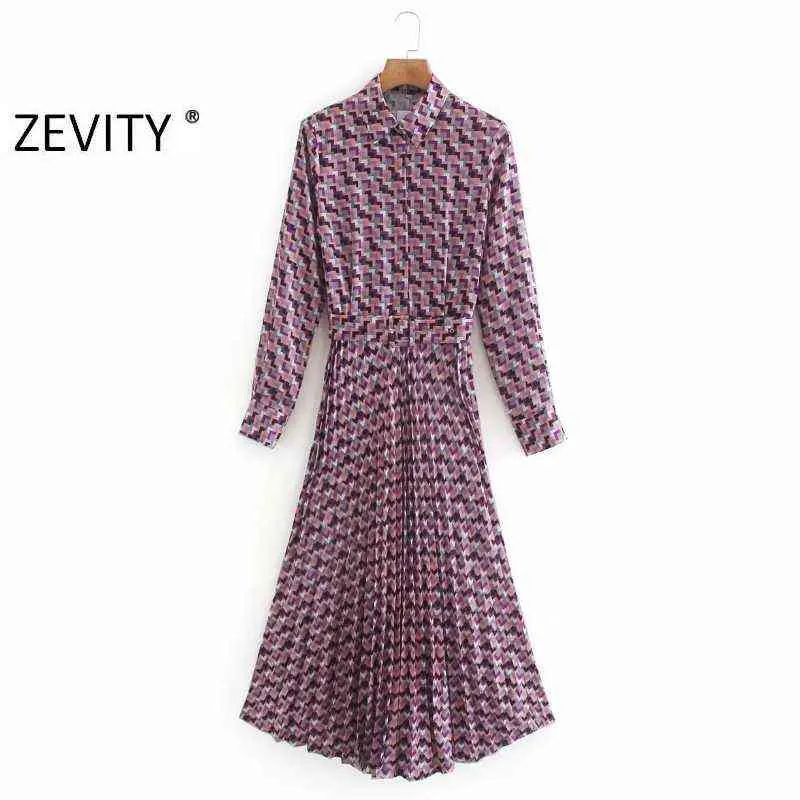 Zevity New women vintage geometric print casual sashes shirt dress chic female long sleeve pleated vestidos party dresses DS4157 Y1204