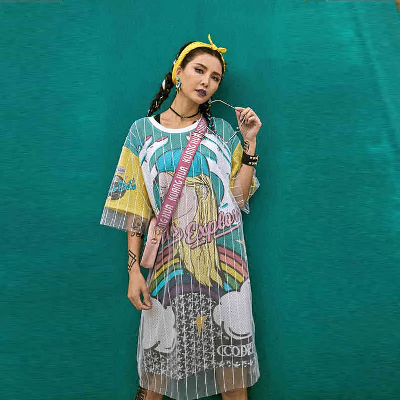 Summer Women's Hip-hop Dress Brand Large Size Fake Two-piece Mesh T-shirt Female Retro Heads Princess GD296 210506