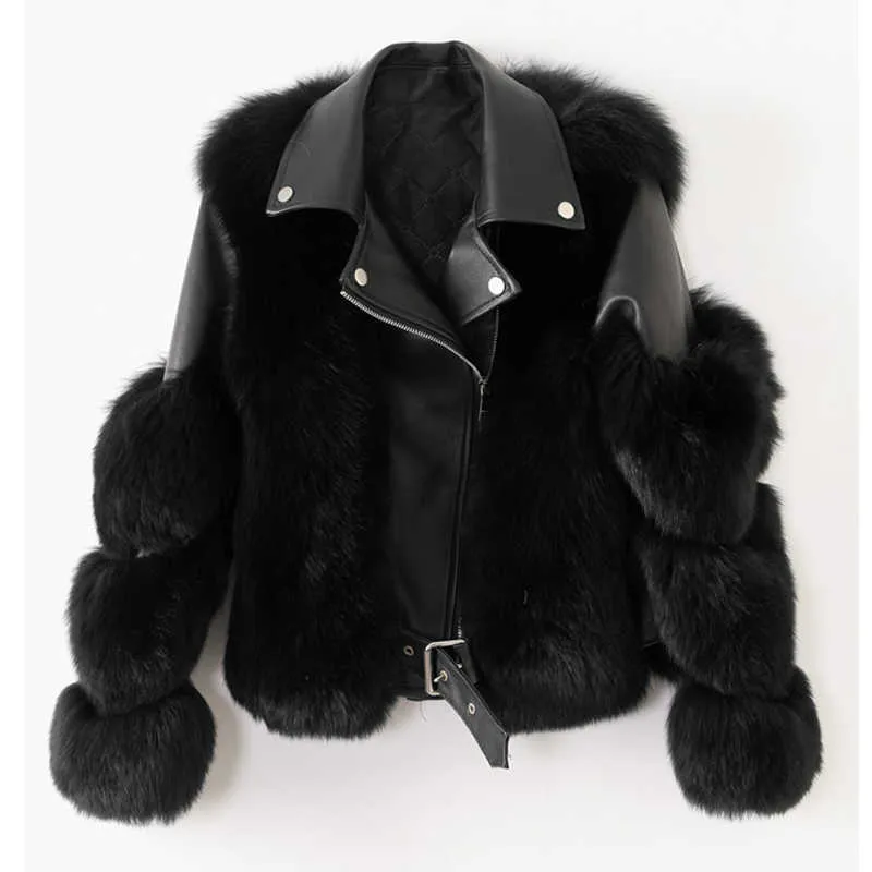 Women Faux Fur Coat with Fox Fur Winter Fashion Motocycle Style Luxury Fox Fur Leather Jackets Woman Trendy Overcoats 210902