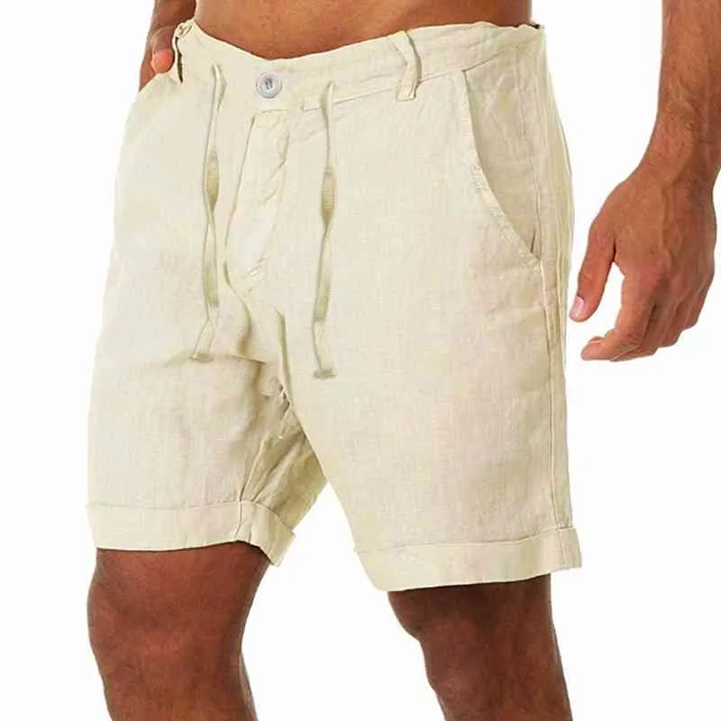 ¡Novedad de 2021! Pantalones cortos informales de lino y algodón de lino para hombre, pantalones cortos con cordón y botones, pantalones cortos de lino transpirables para playa de verano para hombre H1210