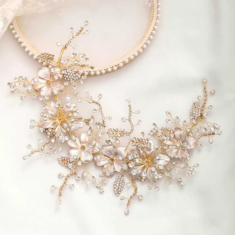 Hochzeit Stirnband Gold Kristall Blume Tiara handgemachte Braut Kopfschmuck Blatt Haarschmuck Prinzessin Stirnband Braut Haarschmuck X0625