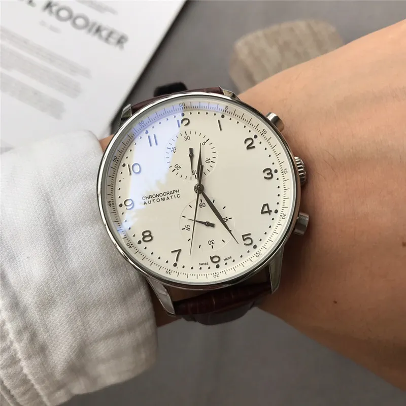 NOWOŚĆ Chronograph Men Watch 3 Wysokiej jakości zegarek wysokiej jakości 41 mm Portugyser Mechaniczne męskie zegarek stalowy obudowa skórzany pasek sportowy 306J