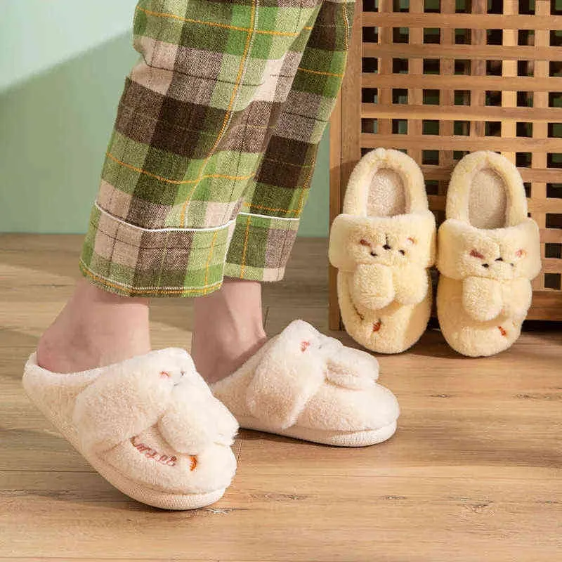 High Quality Rabbit Ear Winter Warm Shoes Womens Cute Plus Plush Slippers Fashion Autumn New Home Indoor Non-Slip Cotton Shoes H1122