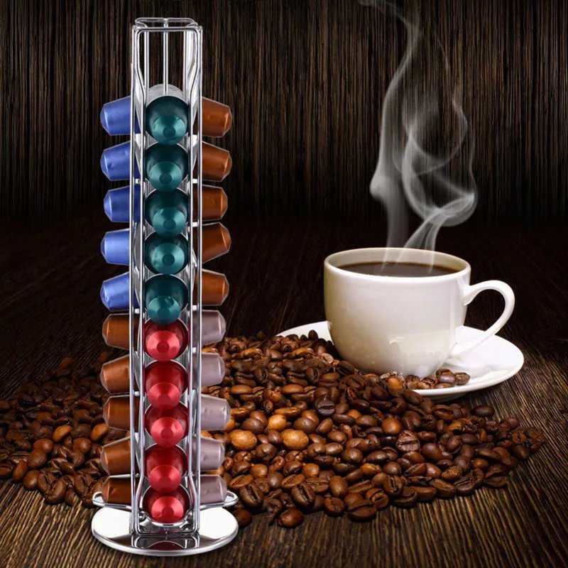 Drehbarer Kaffeekapselständer Nespresso Pod Display Halter Metall gerader Ständer Kaffeeaufbewahrung Edelstahlständer 210705