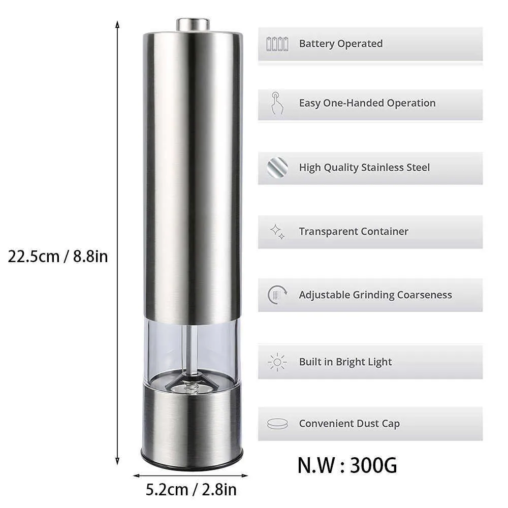 Stainless Steel Electric Pepper Grinder Portable One-handed Spice Grain Mill with Led Light Home Kitchen Grinding Tool 210712