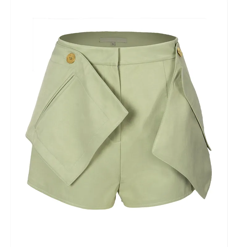 Pantalones cortos sueltos casuales verdes para mujeres de cintura alta bolsillos de remiendo pantalones cortos rectos ropa de moda de verano femenina 210521